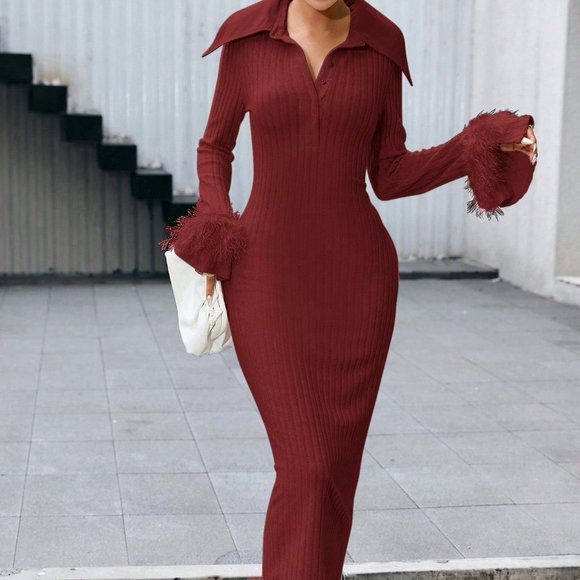 Red Preppy Womens Fuzzy Cuff Ribbed Knit Bodycon Dress - Picture 5 of 5